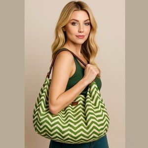 Halsea Dunes Bucket Bag Green Chevron Leather Trim Cotton Canvas Beach Chic Bag